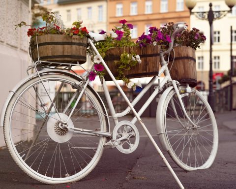 a white bicycle with a basket full of flowers