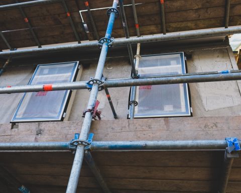 close view of scaffolding attach to the building