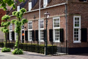 a row of brick buildings with white windows