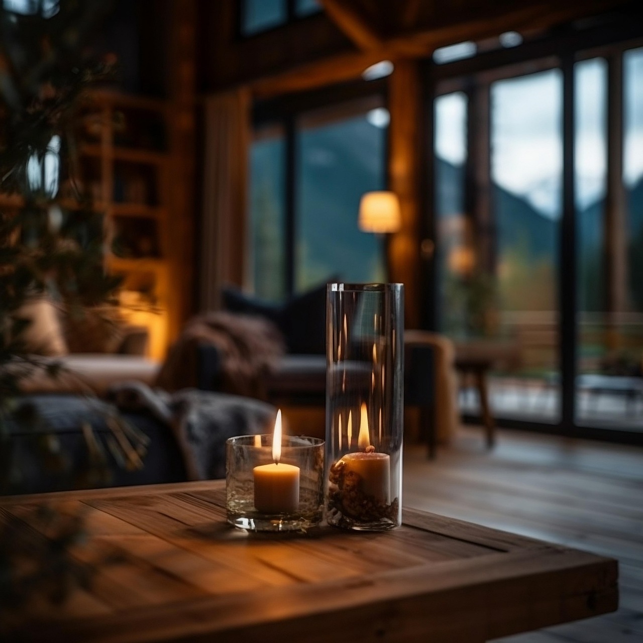 Warm houten interieur met open haard en donkere houtkleurige wanden in lodge-stijl