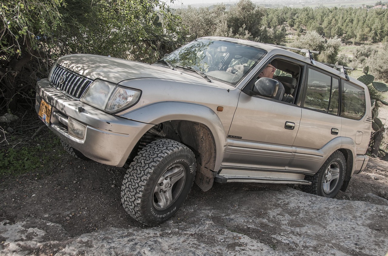 Een 4x4 auto rijdt over een onverharde bergpiste in een afgelegen berglandschap